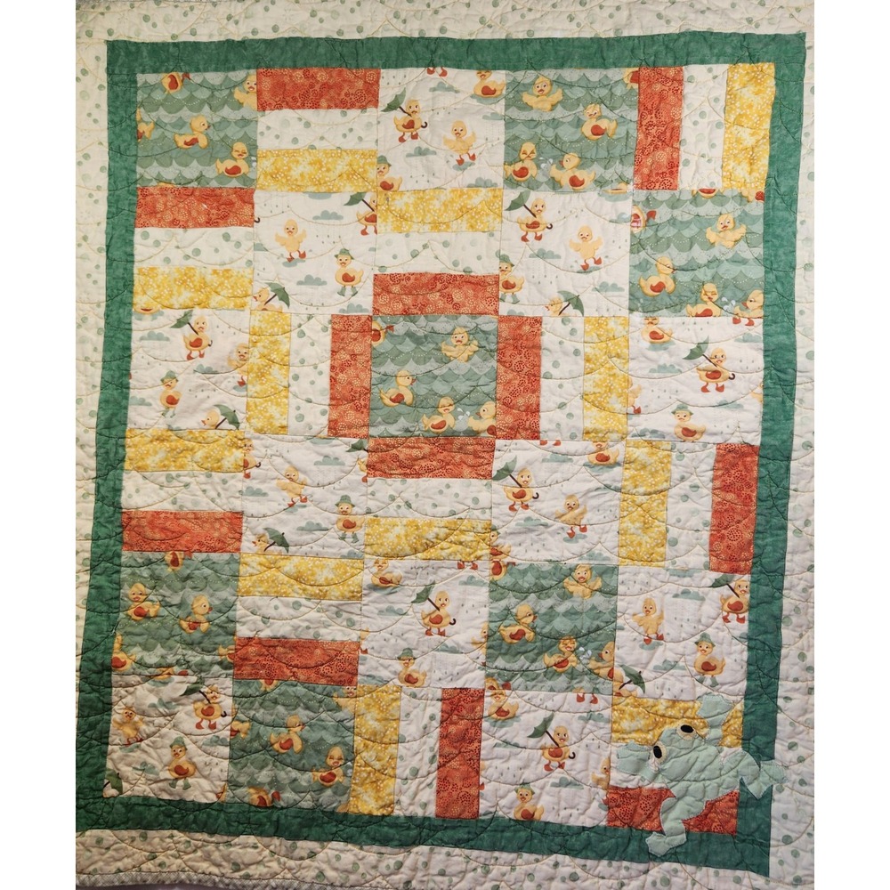 Handmade Baby Quilt Patchwork Ducks‎ Frog Applique Green Yellow Orange 34x38.5
